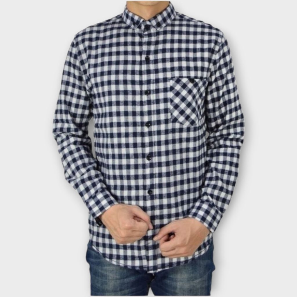 Kemeja FlaneL Pria Jumbo Lengan Panjang Motif Kotak Kecil Putih XXL Hem Casual Formal Best Qulity