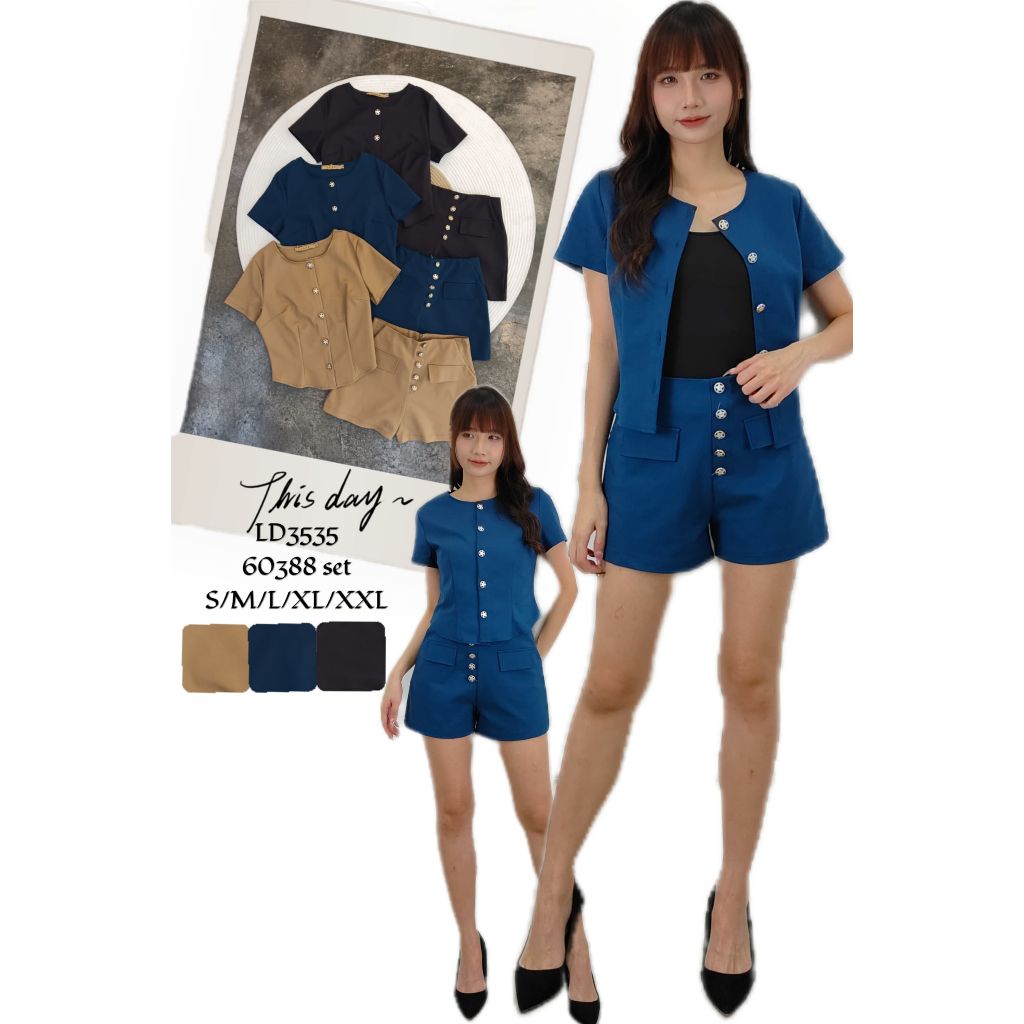 Setelan Kemeja Wanita Celana Pendek Polos Model Kancing Tanpa Kerah - LASH 60388 Navy, Coklat, Hitam