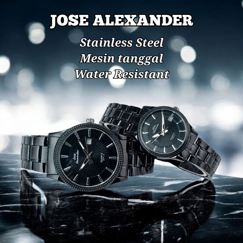 Jam Tangan Rantai Pria Wanita / Couple. Hitam (Full Black), Mesin Tanggal, JOSE ALEXANDER.
