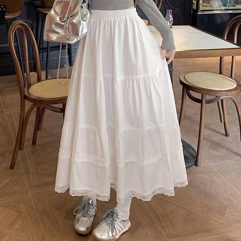 yikoo-Rok panjang korea rok renda putih murni wanita rok mixi skirt