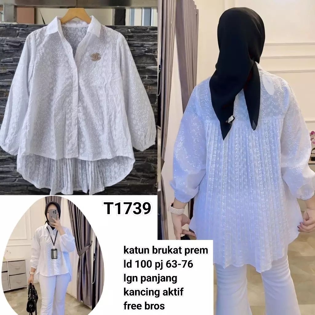 T1739 Blouse kemeja brukat plisket putih
