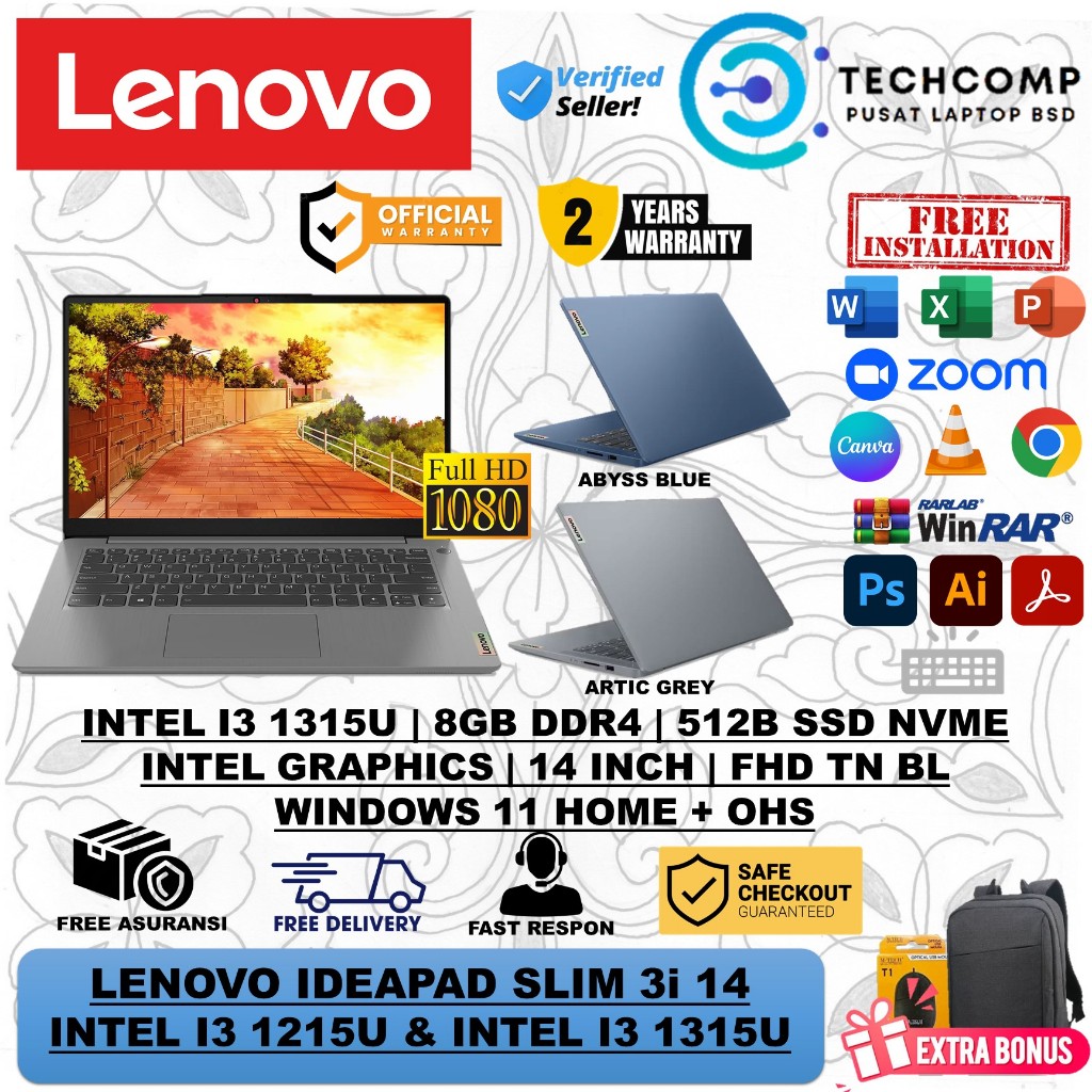 LAPTOP BARU LENOVO SLIM 3i INTEL CORE I3 1315U RAM 8GB 512GB SSD FHD WIN11 OHS ORIGINAL OFFICIAL