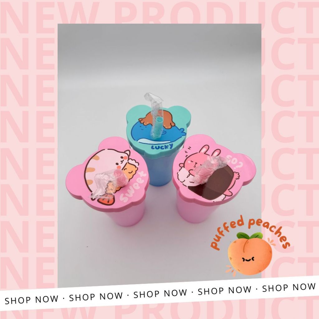 Tumbler plastik 300 ML motif kawai dilengkapi dengan sedotan