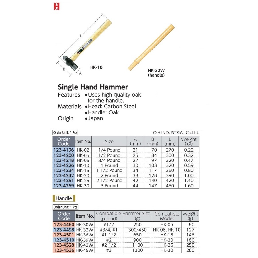 OH One-handed Hammer #1 Head Diameter 30mm Length 320mm 1 Pound HK-10