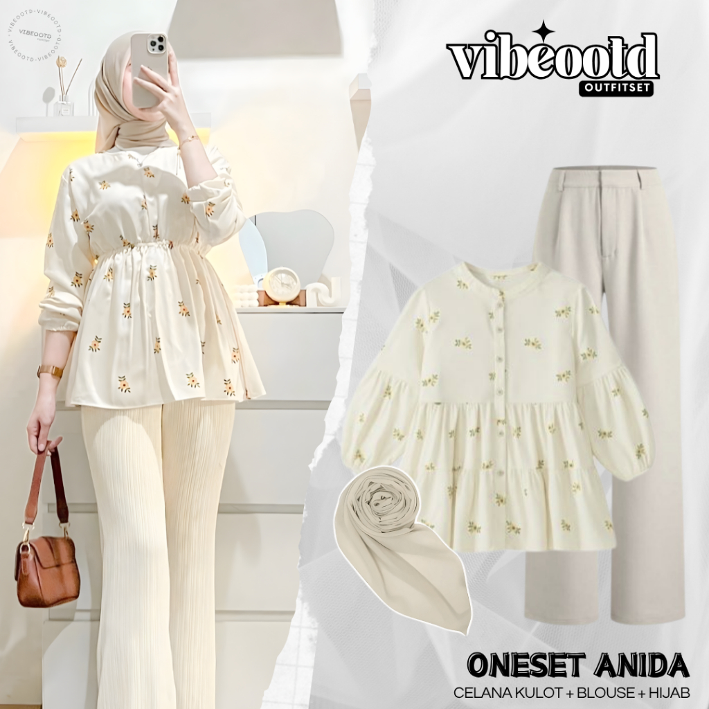Anida Outfit Set Wanita Hijab ( Celana Kulot + Blouse Bunga + Hijab ) Ootd Hangout Kekinian | Setela