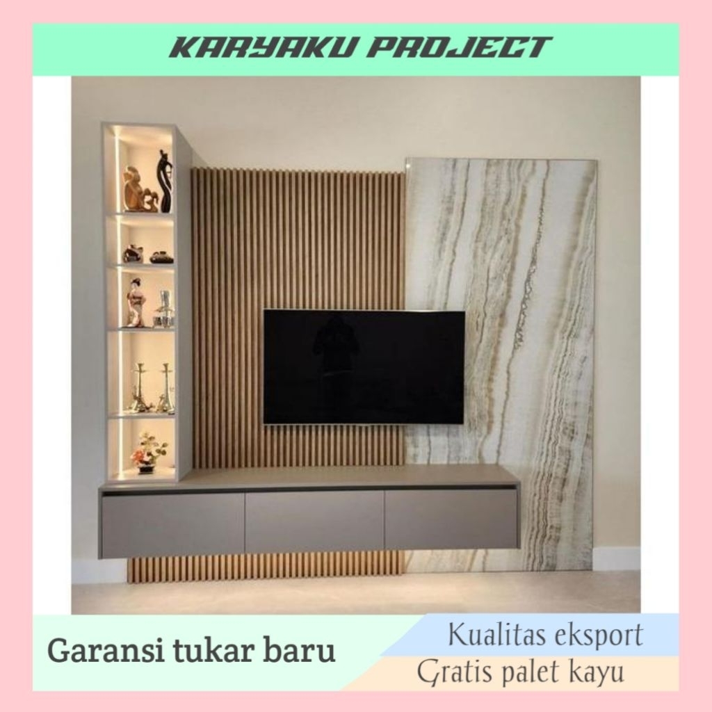 meja tv+rak samping ambalan minimalis +.lampu