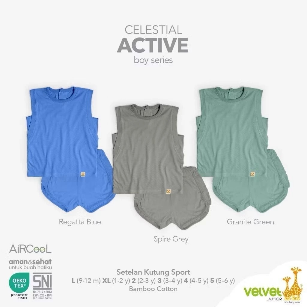 VELVET JUNIOR Celestial Bamboo Cotton Kutung Sport Oneset Baju Anak Celana Pendek, Celestial 9
