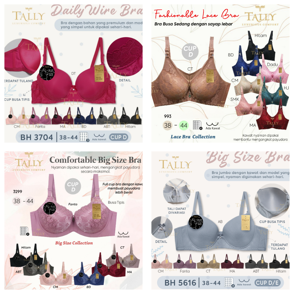 RVC75 - TALLY Bra JUMBO Busa Tipis Berkawat Cup D 38-44 Kait 3 dan 4 | BH BIG SIZE Pakaian Dalam Imp