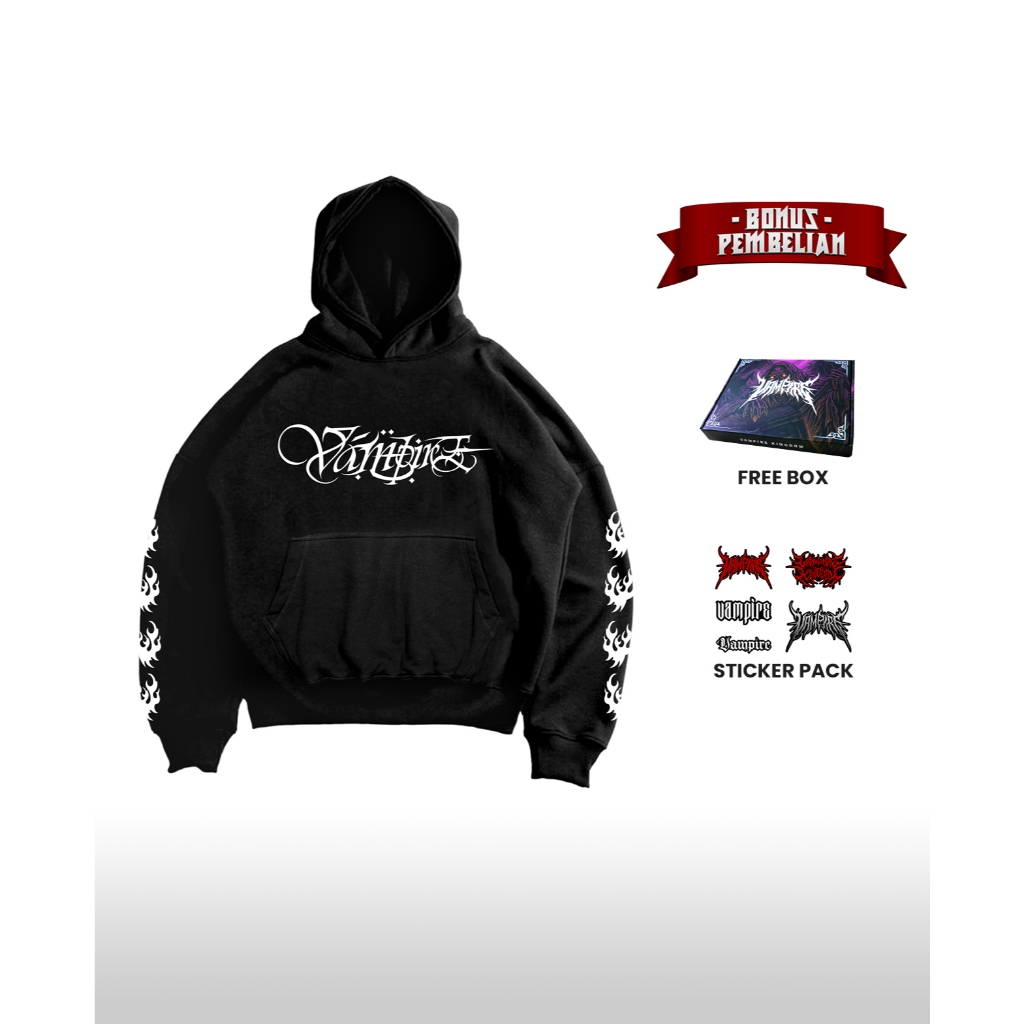 Hoodie Boxy Oversize Pria Wanita Fleece 330 Gsm Syria Hitam Vampire Kingdom Sweatshirt Jumper Jaket 