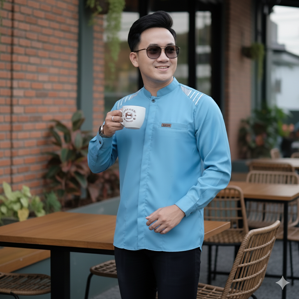 Baju Koko Pria Lengan Panjang Motif Loman Warna Biru Wardah Bahan Katun Toyobo Premium