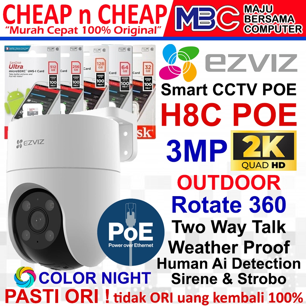 Ezviz H8C PoE 3MP 2K Outdoor Rotate 360 - Smart CCTV Wifi Wireless Camera Smart IP Cam Hikvision Hik