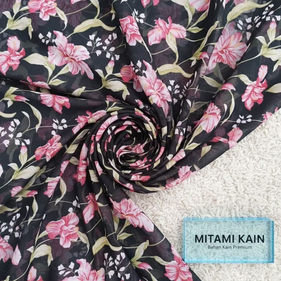 Kain Sifon Motif Bunga Pink Hitam/Motif Floral Chiffon Import Lebar 1.5M (Harga Per 0,5)3R