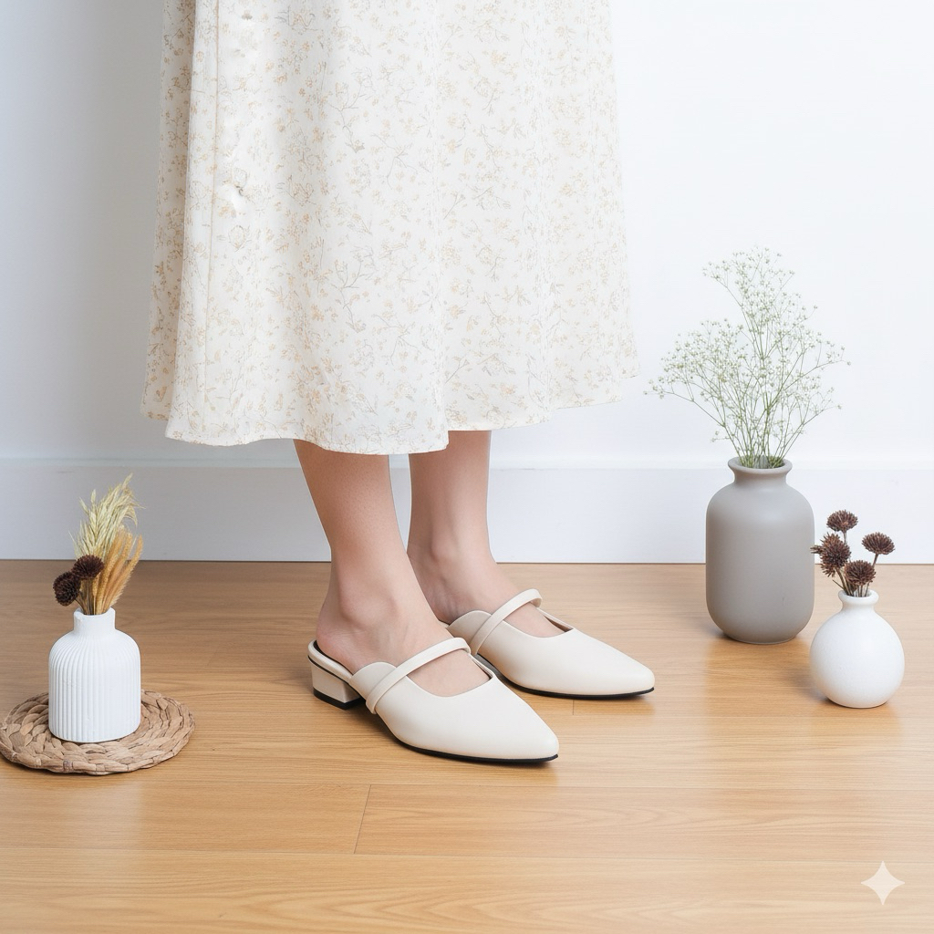 Moneil Siera Mules - Sandal selop wanita lancip kekinian hak 3cm