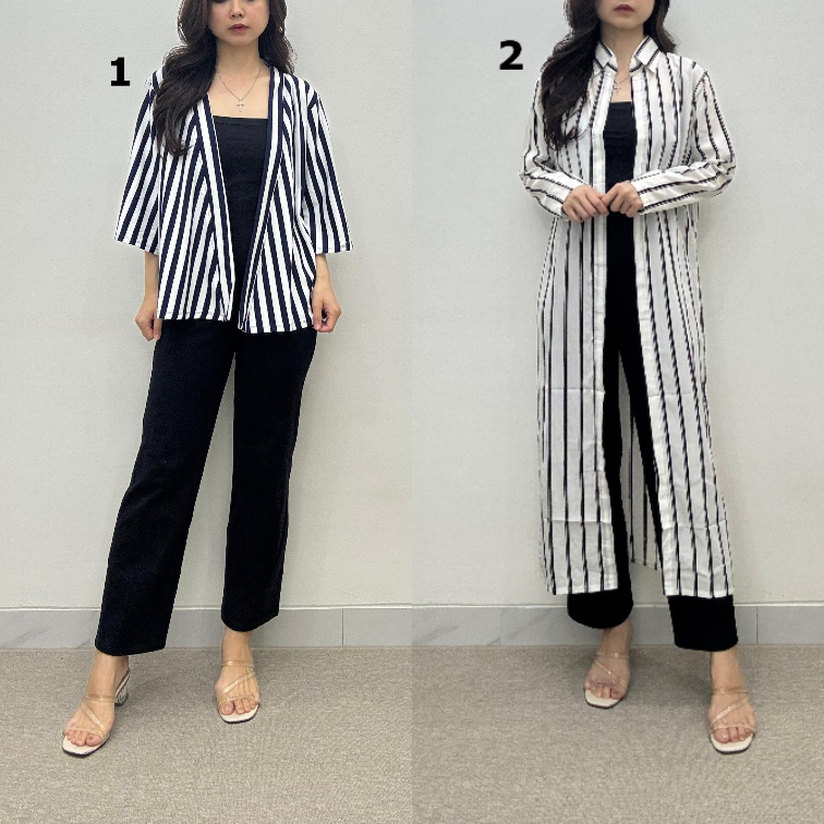 Shinen - Outer Blus Cardigan Panjang Pendek Motif Kotak Salur Wanita