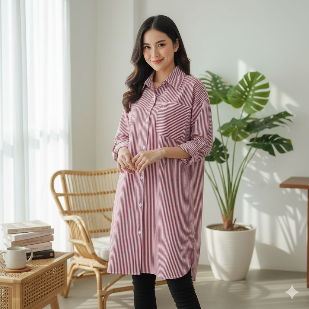 Tunik Kemeja Motif Jumbo Wanita Lengan Panjang Ld 130