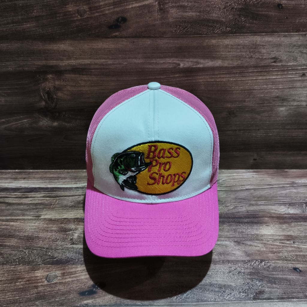 topi trucker hat bass pro shops bordir logo pink