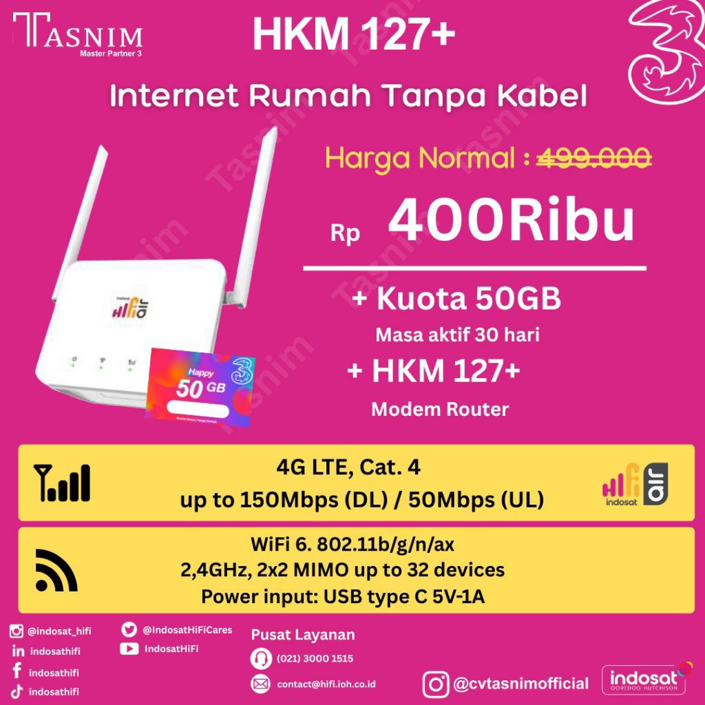 Hi-fi Air Indosat Ooredoo Hutchison Modem Wifi tanpa kabel langsung pakai isi ulang paket sesuai keb