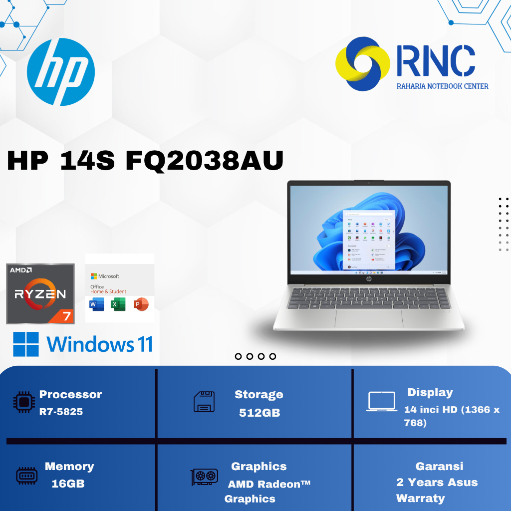Laptop HP 14s-FQ2038AU AMD Ryzen 7 5825U, RAM 16GB, SSD 512GB, Windows 11