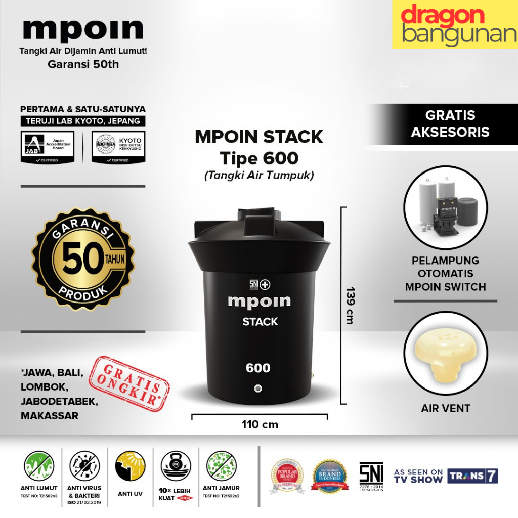 Tanki Air Mpoin Stack 600 - 600 Liter Hitam  Anti  Lumut & Virus