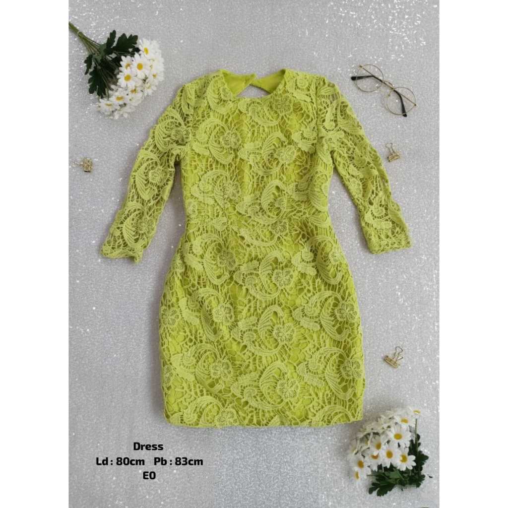 Dress Brokat Hijau Lemon Lengan Panjang Elegan Wanita | Gaun Pesta Kondangan Bodyfit Ukuran M/baju w