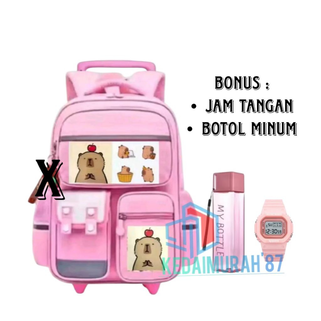 Tas Ransel Troli Anak Capiibara Tas Anak Perempuan Sekolah TK SD Kapasitas Besar Tas Koper Sekolah T