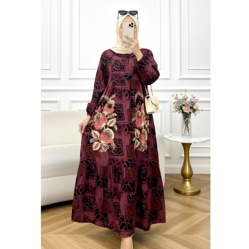 Uno Dress Gamis Susun Rayon Rempel Ruffle Busui Lengan Panjang Batik Adem Tebel motif elegan Ld 115