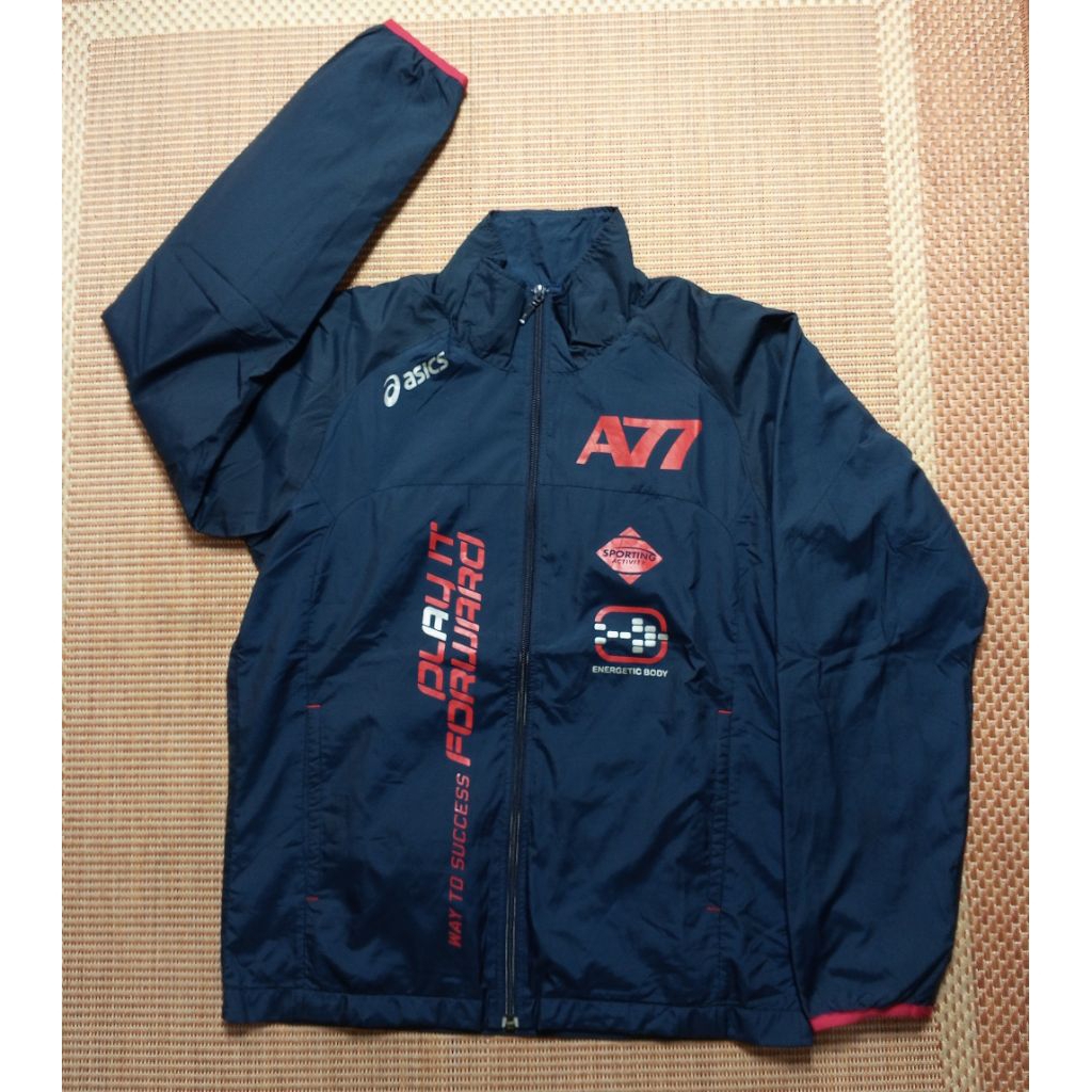 Jaket asics tulisan A77 outdoor windbreaker biru tua unisex