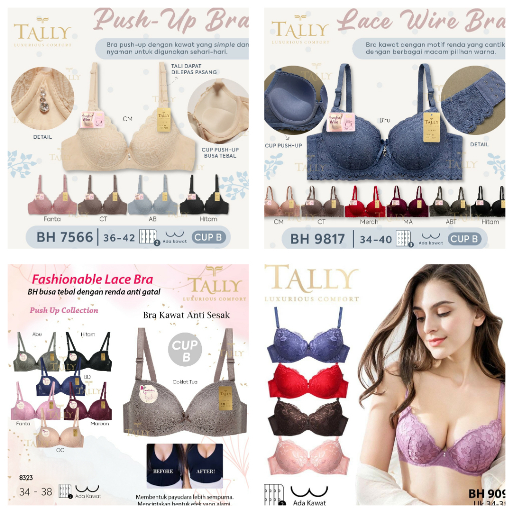 RVC75 - TALLY Push Up Bra Busa Tebal Berkawat 32-42 Kait 2 dan 3 | BH Katun Renda Underwear Import M