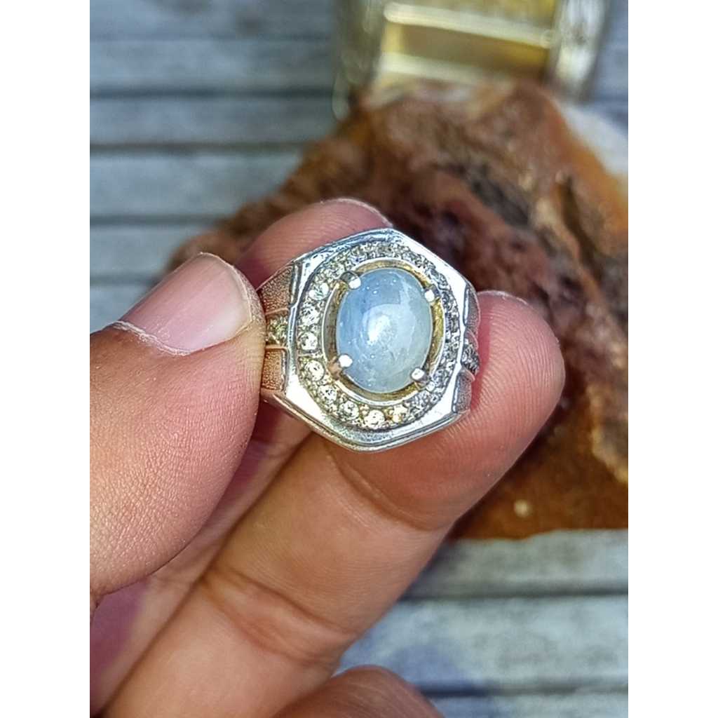 Natural Blue Safir Star Ceylon Ring Perak 925 Microseting