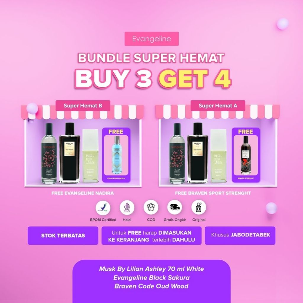 [BUY 3 GET 4] Bundle Super Hemat | Dapat 4 Botol Parfum Evangeline Black Sakura, Braven Code Oud Woo