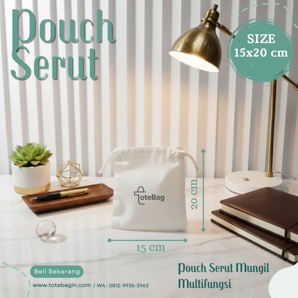 Pouch Serut Blacu Polos 15x20 cm - Minimalis, Terbaik, Termurah, Kemasan, Souvenir Satuan dan Grosir