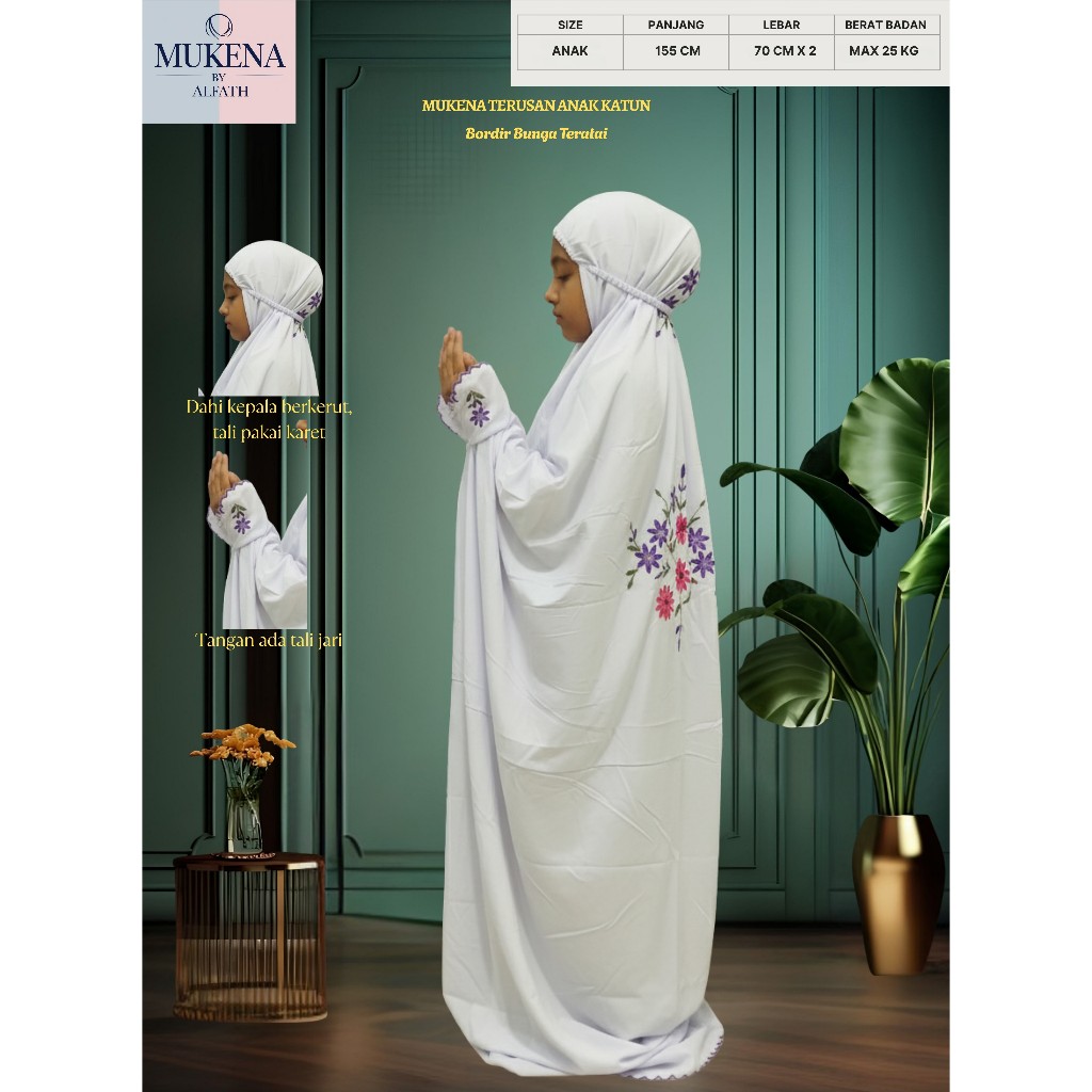 Mukena Terusan Anak Kain Dasar Warna Putih Motif Bordir Bunga Teratai Cantik Indah