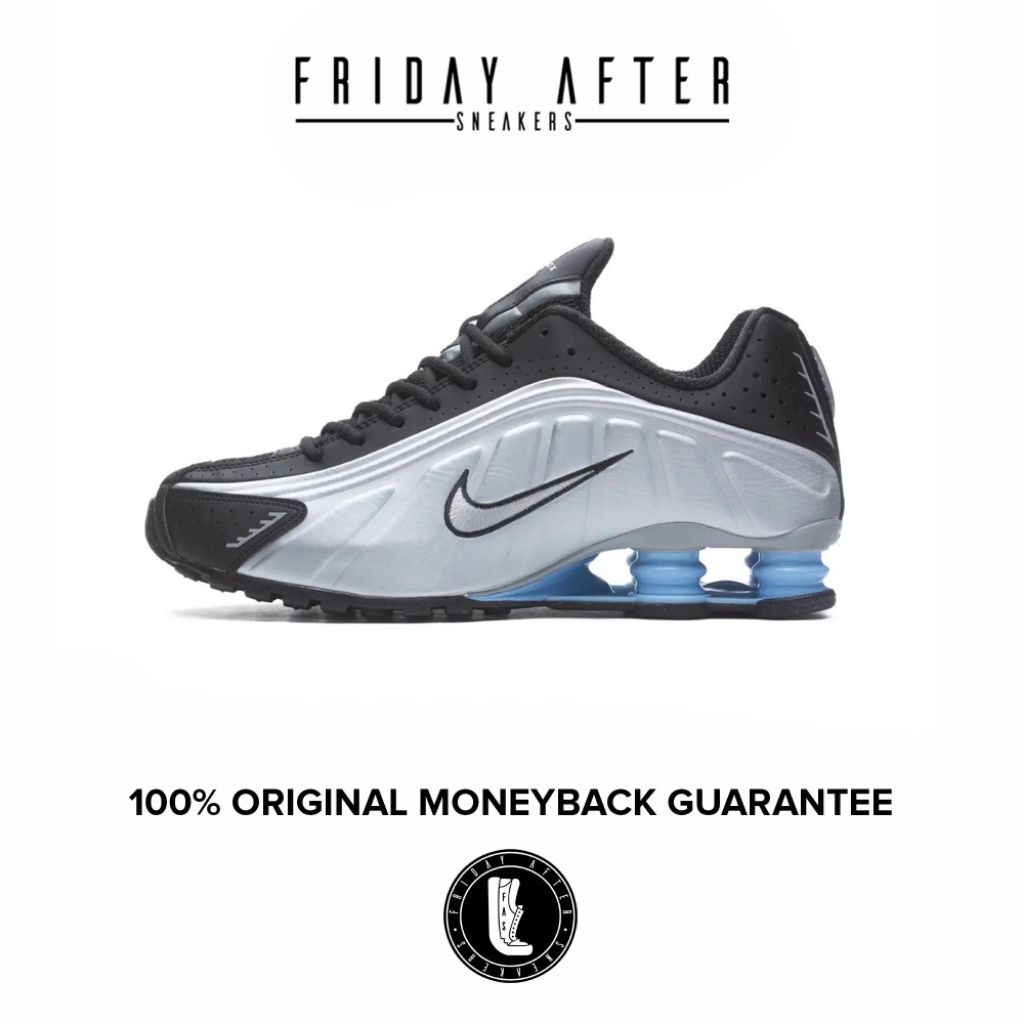 Sepatu Sneakers Pria Nike Shox R4 Silver Metallic Psychic Blue Original Resmi