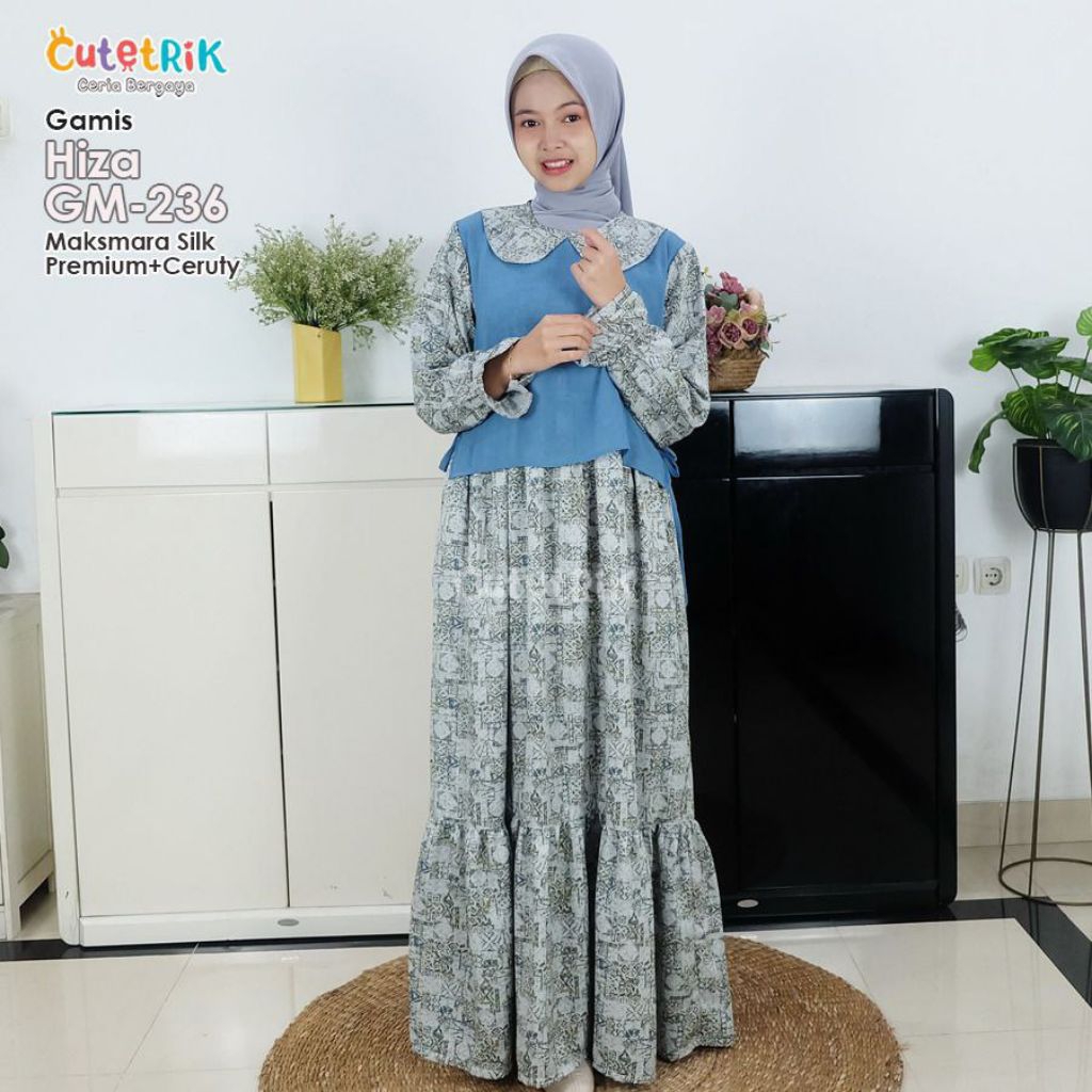 GAMIS REMAJA MOTIF BATIK MODERN HIZA BY CUTETRIK WARNA BIRU GAMIS REMAJA ANAK TANGGUNG GAMIS PEREMPU