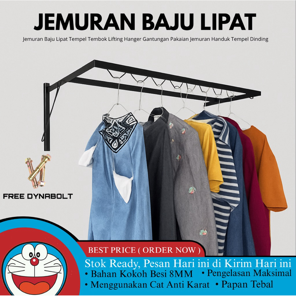 Jemuran Baju Lipat Dinding Besi Kuat Anti Karat | Jemuran Tempel Tembok Minimalis + Free Dynabolt