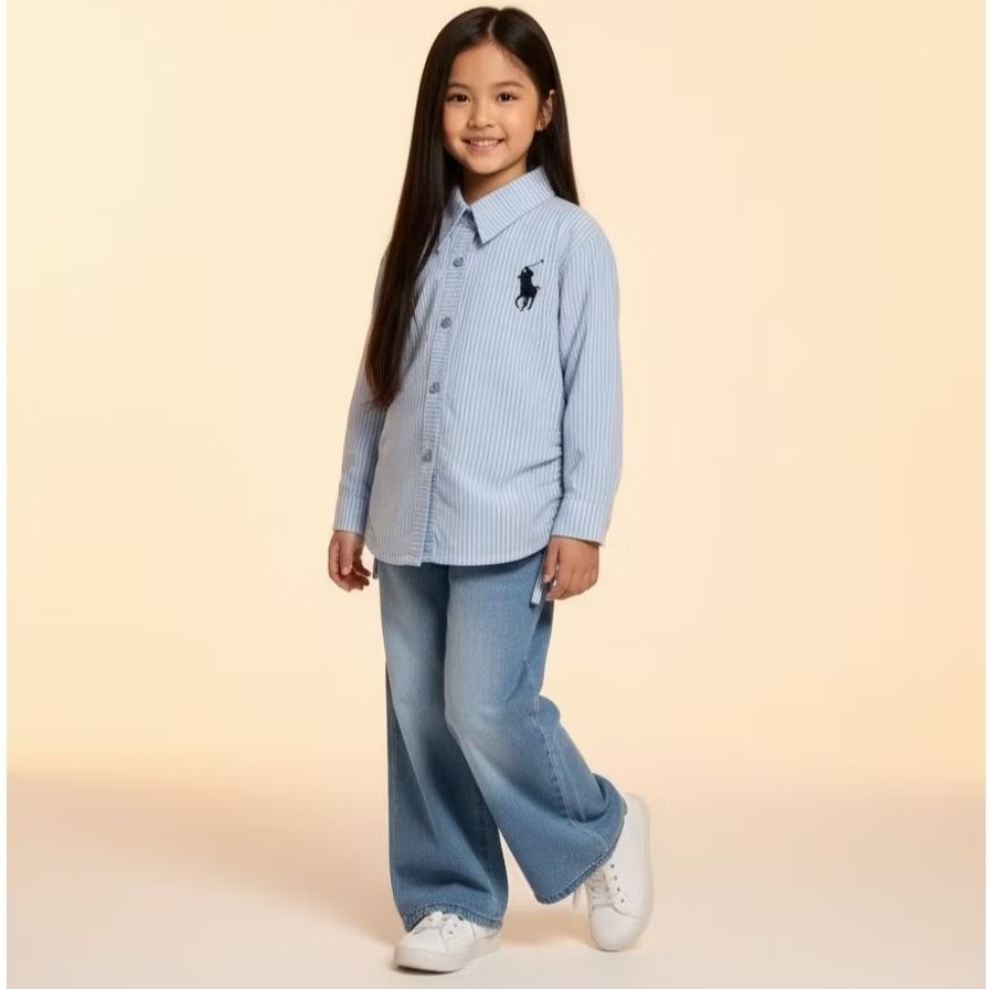 Set Kemeja Anak Perempuan Lengan Panjang Motif Salur & Jeans High Waist Premium Usia 1-12 tahun/Sete