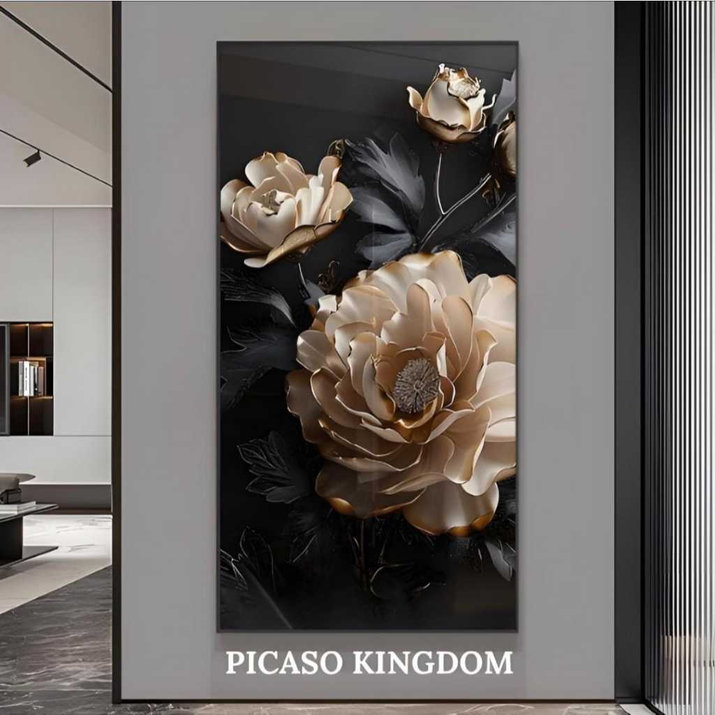 Lukisan Porcelain Diamond 5D Painting Hiasan Dinding Mewah - Bunga Emas Mewah - Bingkai Aluminium