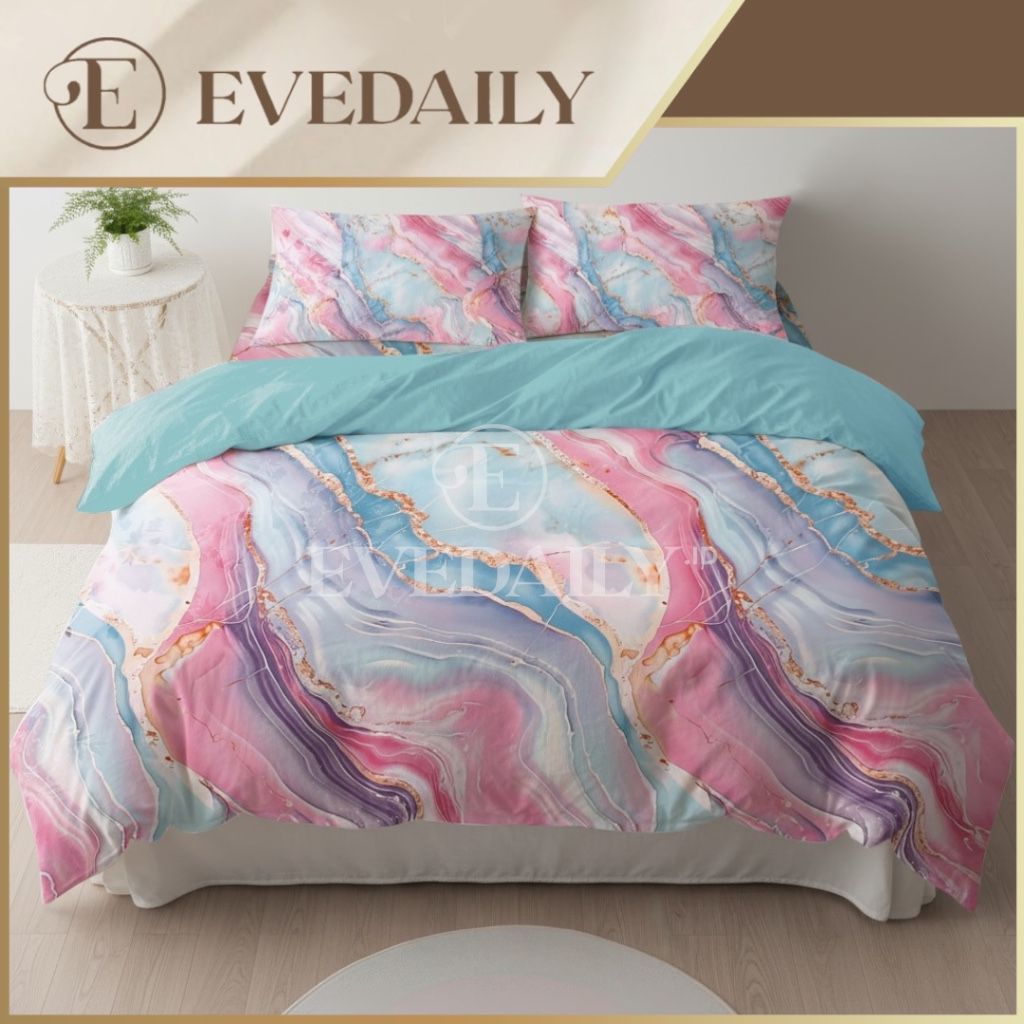 Bed Cover Set Serenity Marble Mix Biru Waardaah - 90x200 - 200x200 - Evedaily