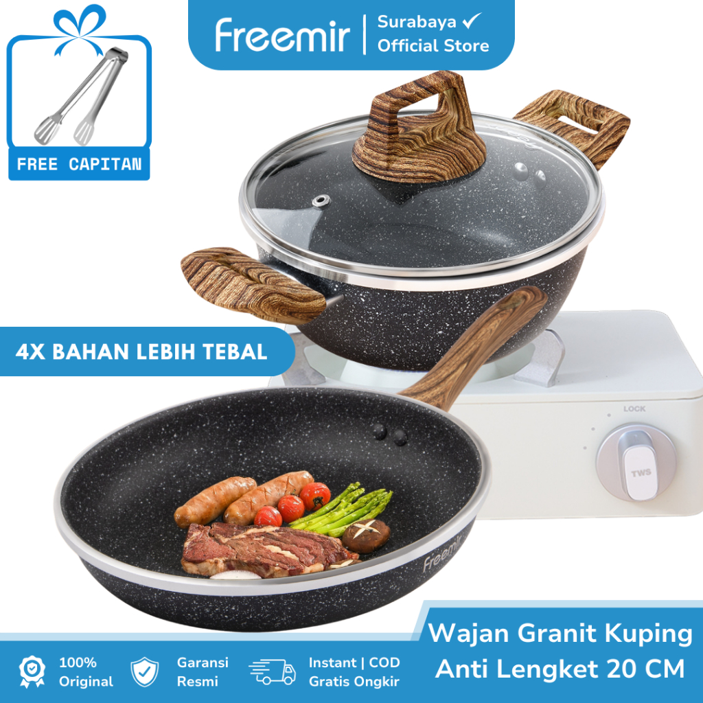 [Paket Hemat Free Capitan] freemir Surabaya Wajan Teflon 20cm Granite Anti Lengket Tutup Kaca