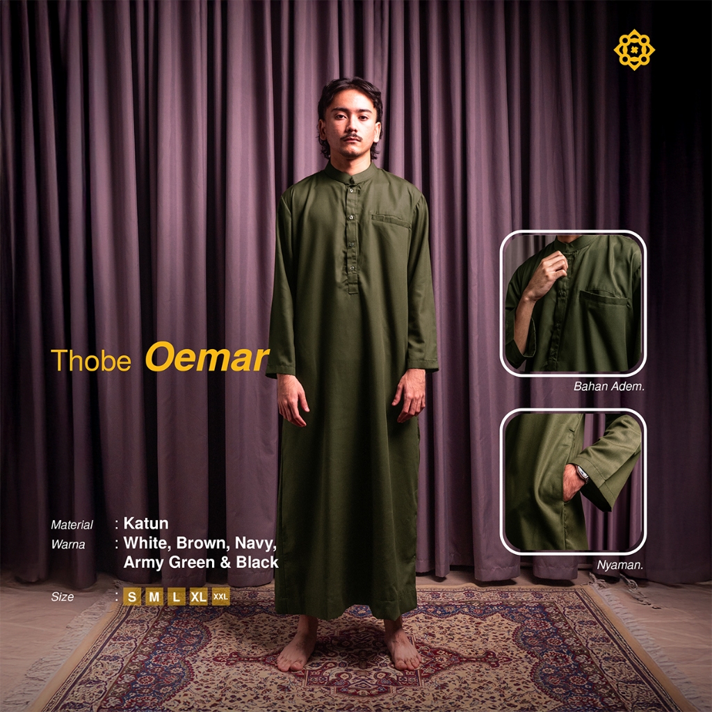 ElRaqi - Thobe Oemar Army Green | Baju Koko Pria Lengan Panjang Premium | Gamis Pria Modern Army Gre