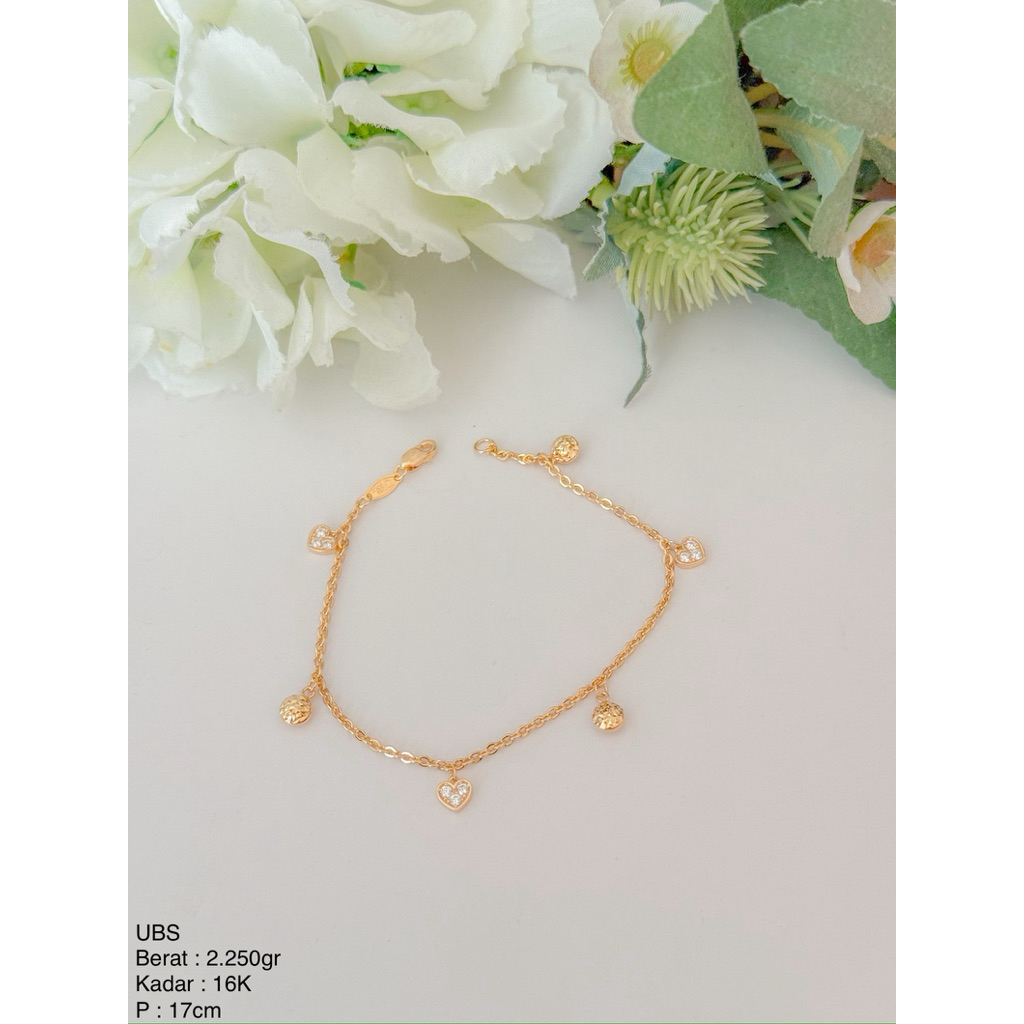 Perhiasan Gelang Emas Fancy Variasi Mainan Hati Bulat Bintang Bunga UBS & HWT 8k/375 dan 16k/700