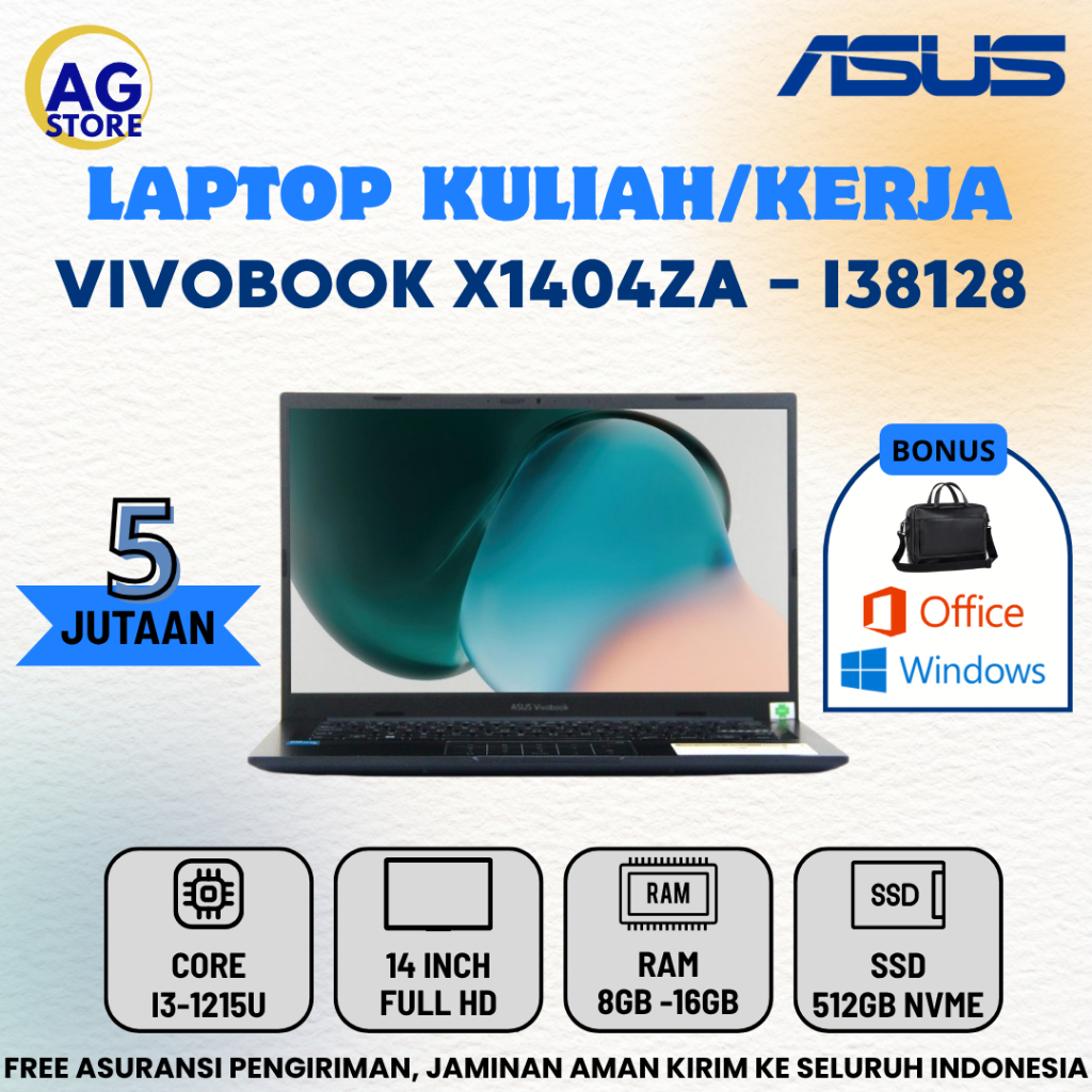 Laptop Core i3 Terbaru Asus Vivobook  X1404ZA - l38128 core i3-1215U Ram 8GB SSD 512GB 14" FHD