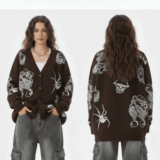 Cardigan Rajut Oversize Motif Tengkorak Skeleton Vintage Streetwear Cardigan Rajut Oversize Motif Te