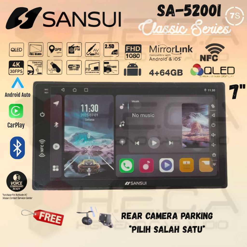 SANSUI Classic Series 7” inch NFC 4/64 GB Android Head Unit Double Din Tape Mobil + Kamera Mundur
