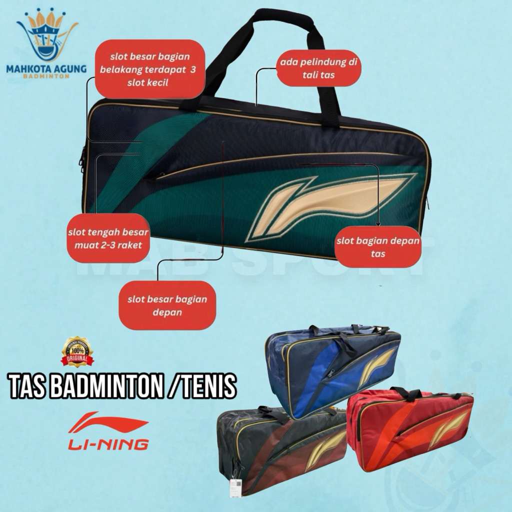 TAS BADMINTON RAKET 3 RUANG LINING ORIGINAL BAHAN POLYSTER TERBAIK LOGO KEREN ANTI PANAS ANTI AIR MU