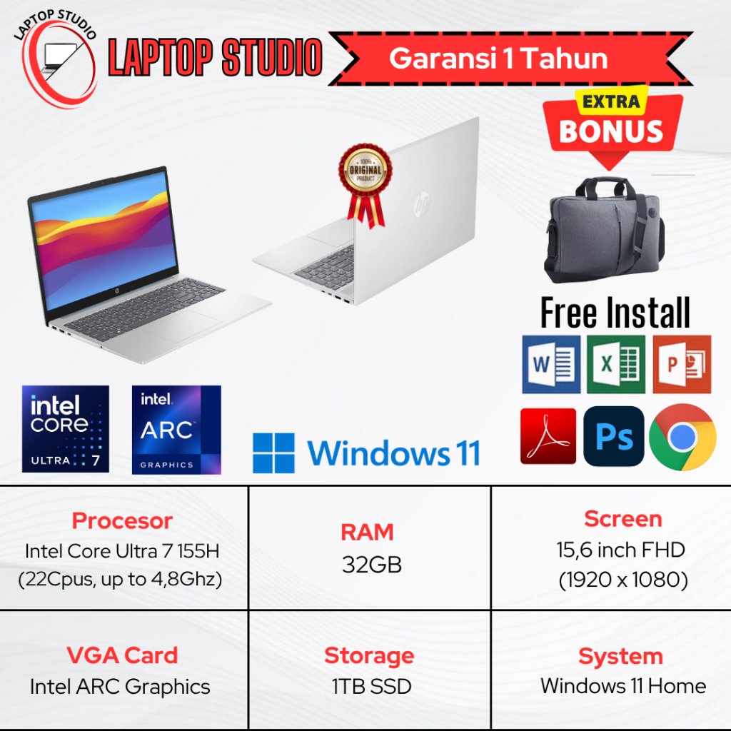 Laptop Baru HP 15 Intel Core i7 1355u(Gen13) | Intel Core Ultra 7 155H (Gen 14)  SSD