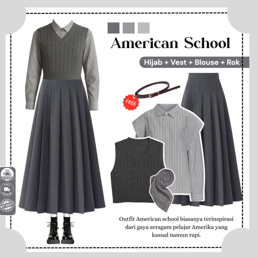 Nela American School Yearbook Outfit (Hijab + Vest + Kemeja + Rok Remple) OOTD Yearbook Remaja - N18
