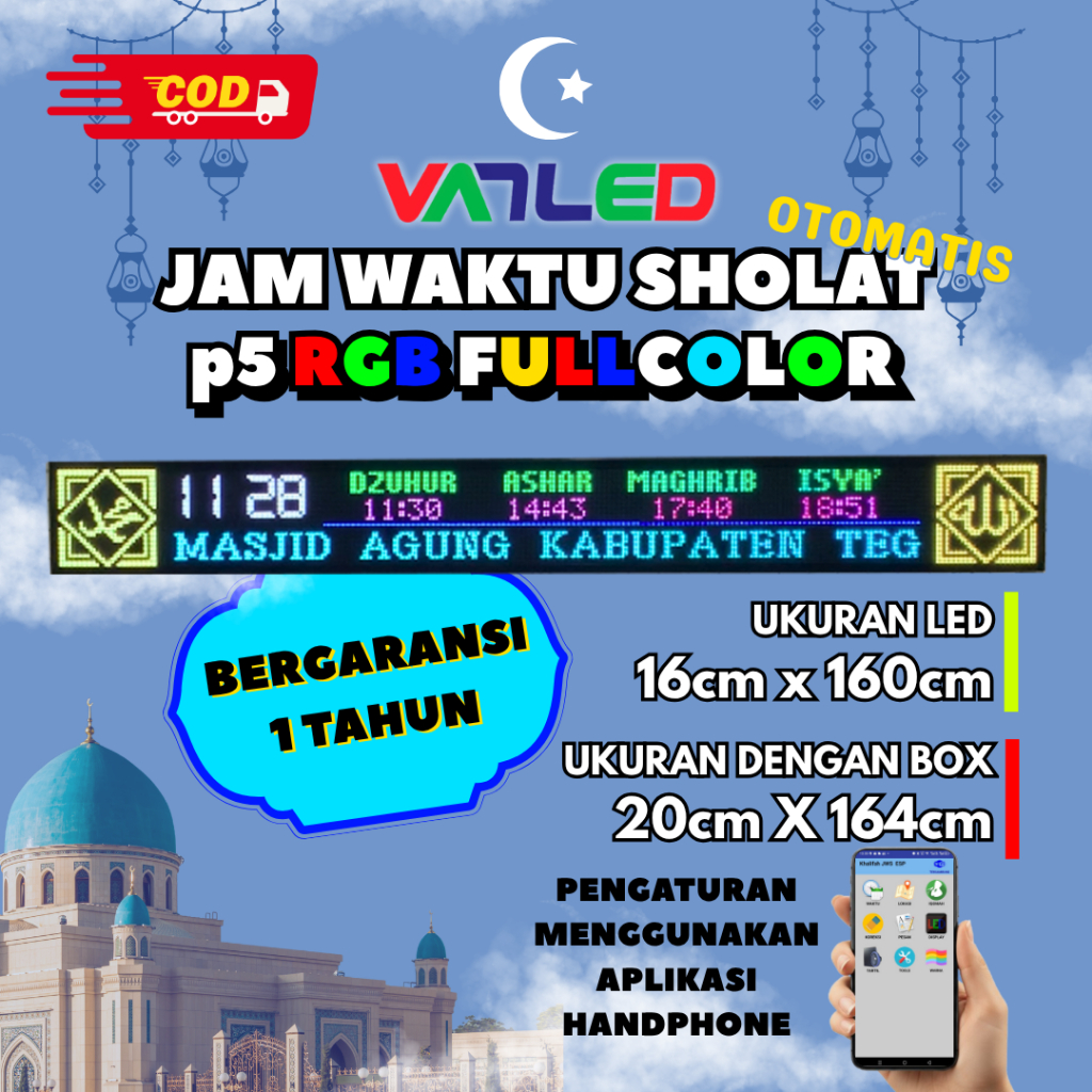 Jam Sholat Digital Masjid Jam Waktu Sholat Digital Otomatis Masjid RGB Full Color P5 20x164cm