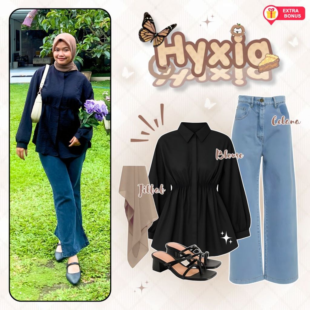oneset 3in1 blouse + celana jeans + jilbab bella | ootd outfit cewek wanita anak perempuan remaja hi