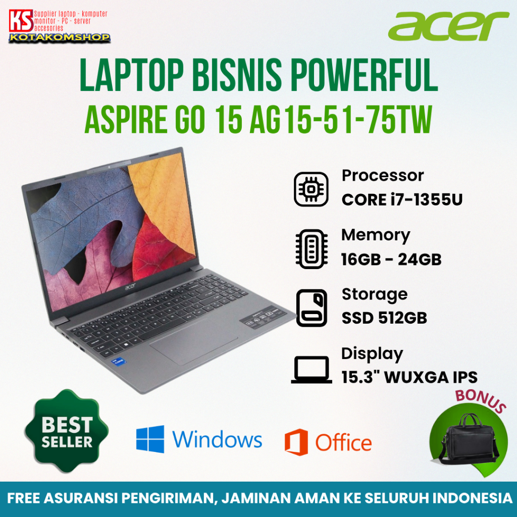 Laptop Core i7 Terbaru Acer Aspire Go 15 - 75TW Core i7 - 1355U Ram 32Gb Ssd 512Gb 15,3" IPS